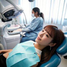 歯医者の診療ユニットに横になっている人。