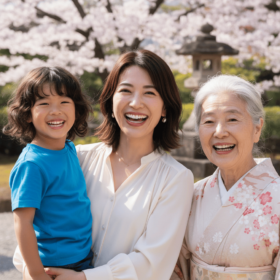 きれいな白い歯を見せている30代の日本人女性と子供とお婆さん