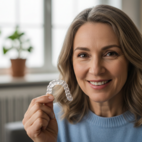 透明なマウスピースを持った50代の女性