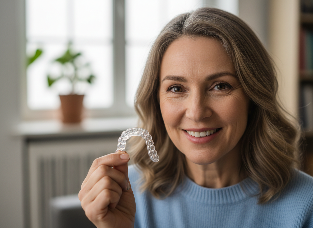 透明なマウスピースを持った50代の女性