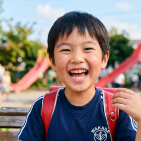 小学生くらいの子どもが笑顔で歯を見せている