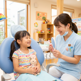 診療チェアに座った子どもと歯科衛生士の和やかなシーン