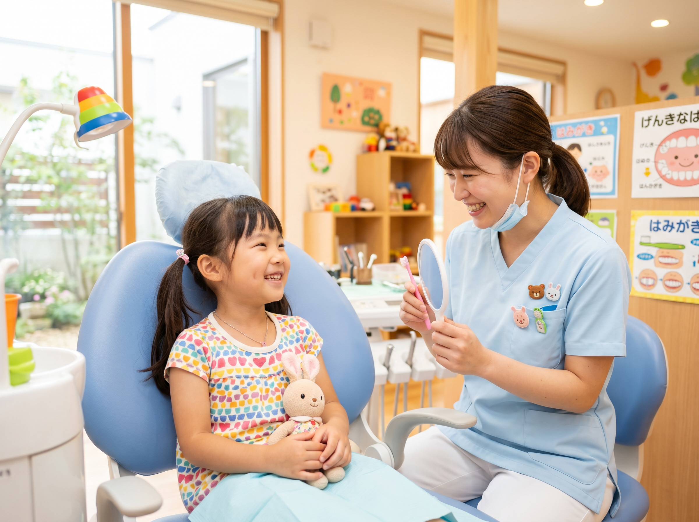 診療チェアに座った子どもと歯科衛生士の和やかなシーン